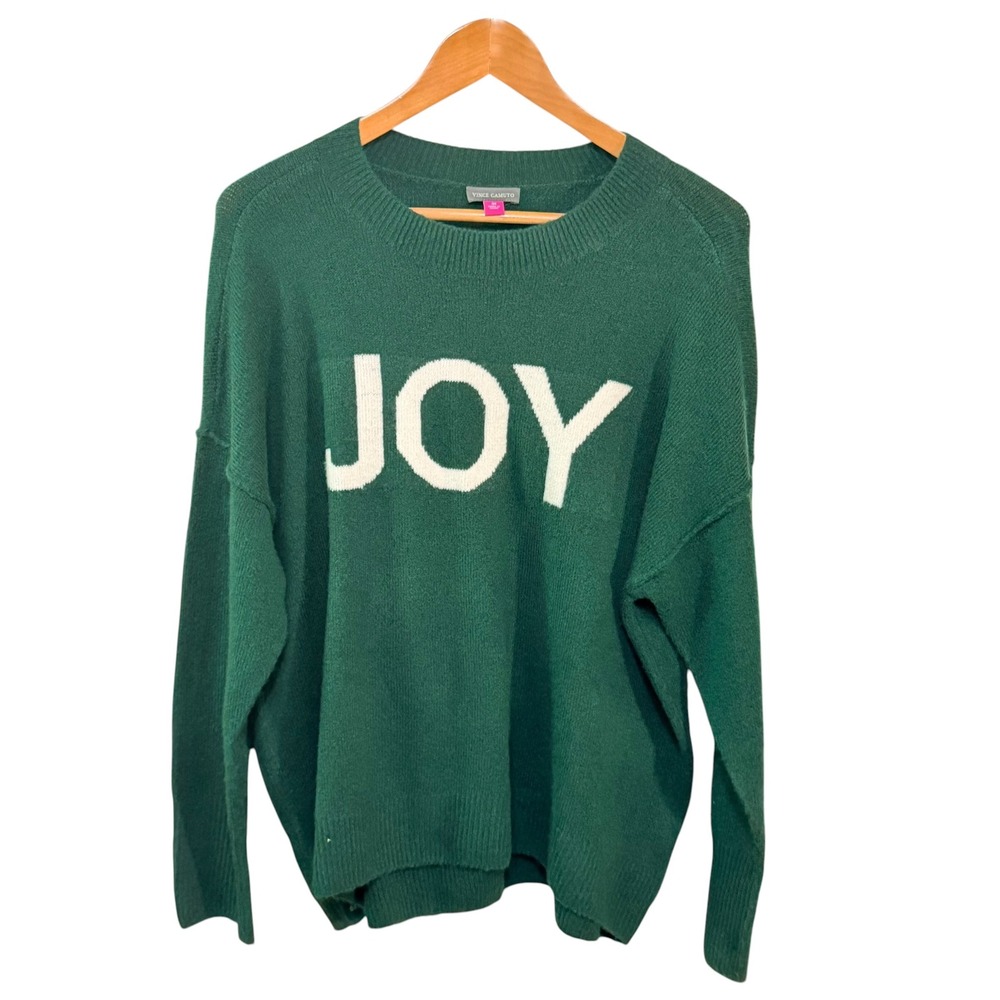Vince Camuto Sweater Womens M Green JOY Graphic Knit Holiday Festive Pullover